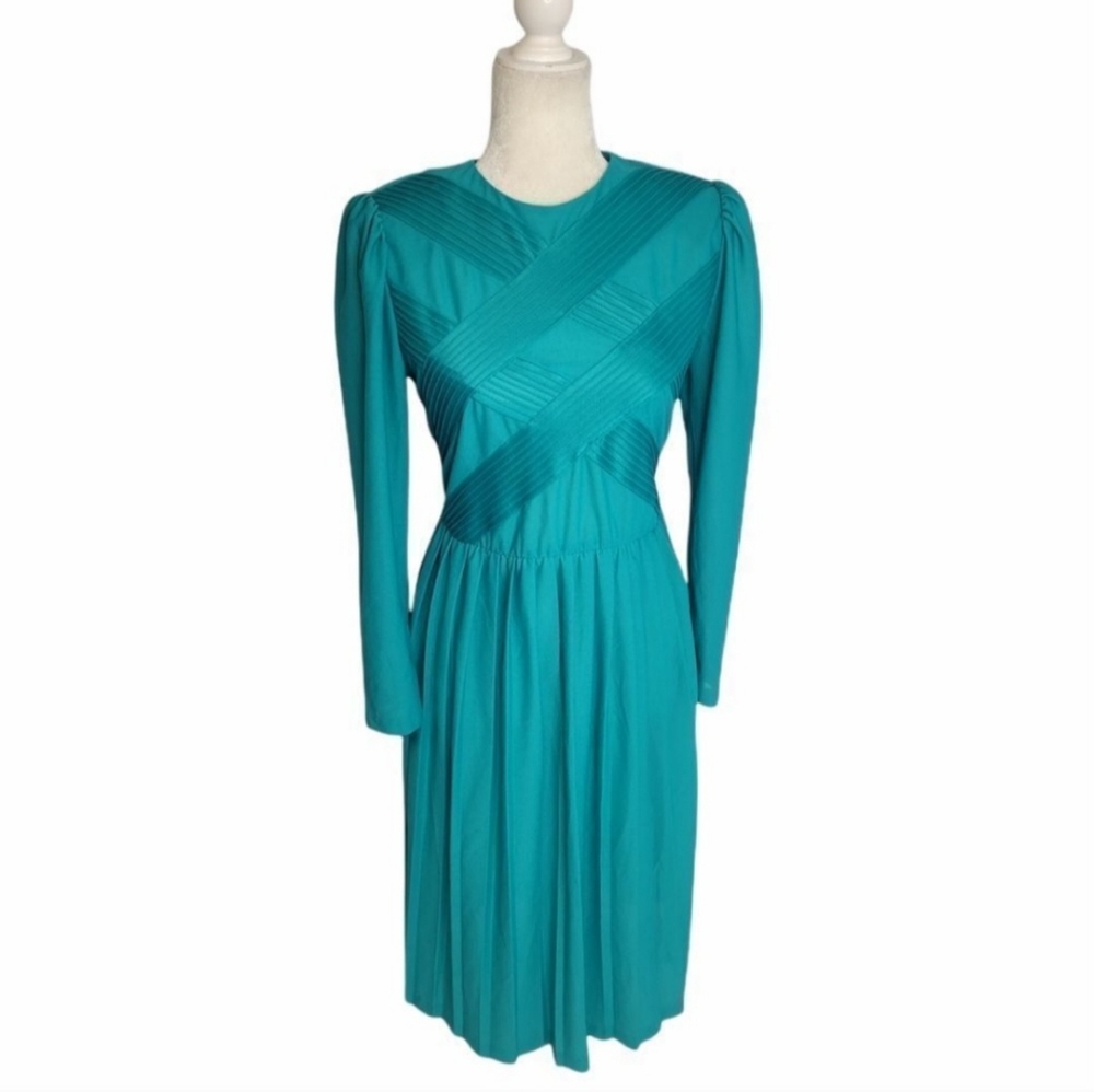 VINTAGE 90s dress teal long sleeve pleated midi M